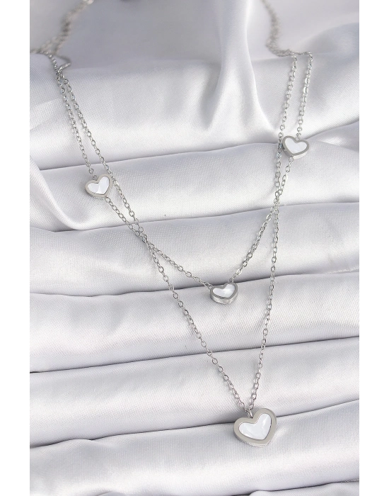 ® 316L Çelik Gümüş Renk Zincir 2Li Zincir Kalp Model Kadın Kolye