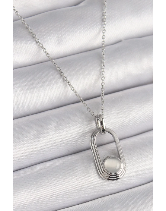 ® 316L Çelik Gümüş Renk Zincir Beyaz Kedi Göz Model Kadın Kolye