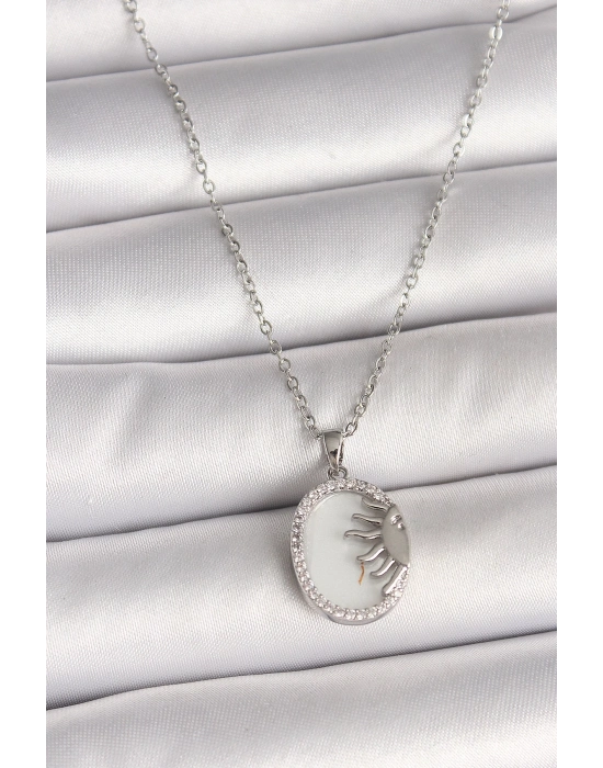 ® 316L Çelik Gümüş Renk Zincir Beyaz Mineli Gün Batımı Model Zirkon Taş Detaylı Kadın Kolye