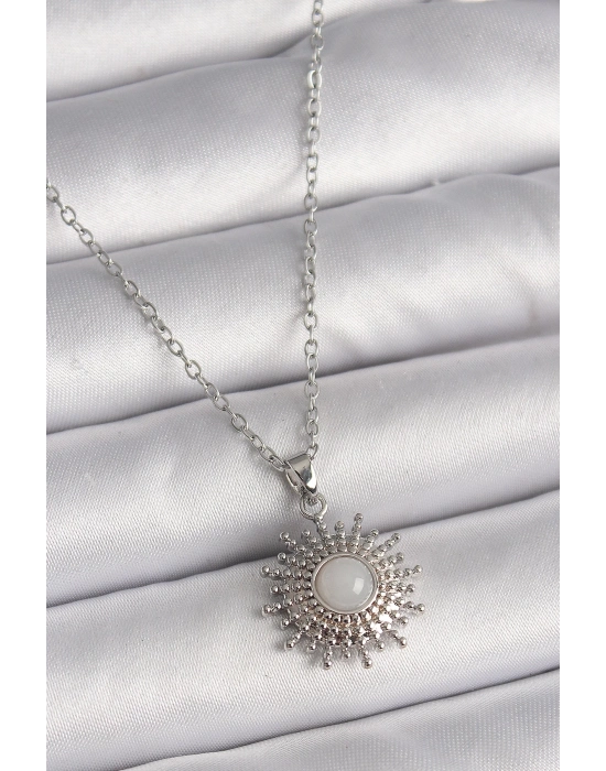 ® 316L Çelik Gümüş Renk Zincir Beyaz Mineli Güneş Model Kadın Kolye