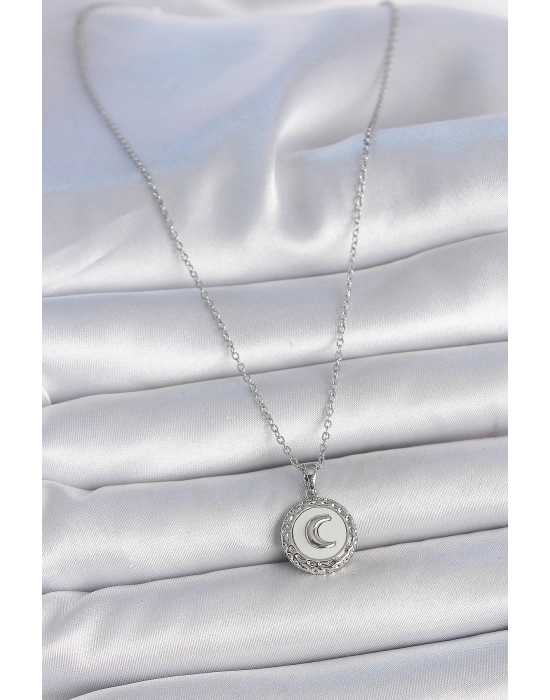 ® 316L Çelik Gümüş Renk Zincir Beyaz Mineli Hilal İşlemeli Madalyon Model Kadın Kolye
