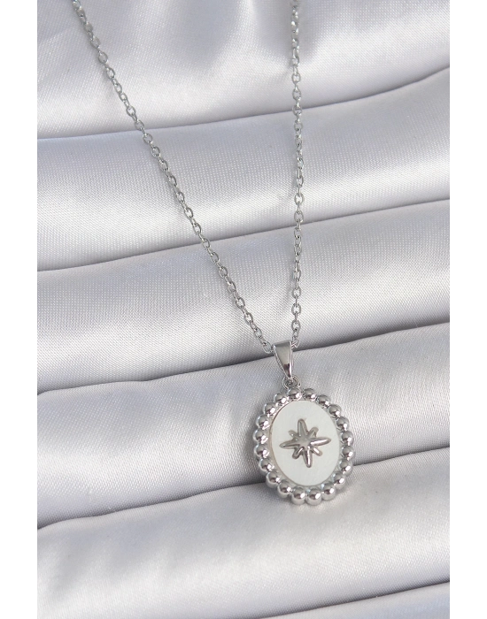 ® 316L Çelik Gümüş Renk Zincir Beyaz Mineli Kutup Yıldız İşlemeli Madalyon Model Kadın Kolye