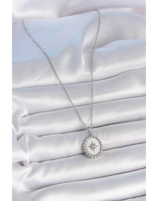 ® 316L Çelik Gümüş Renk Zincir Beyaz Mineli Kutup Yıldız İşlemeli Madalyon Model Kadın Kolye