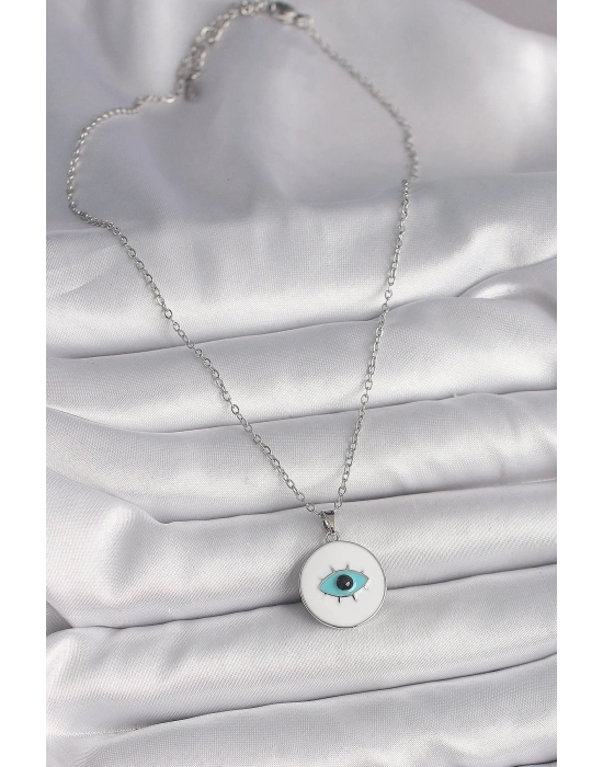 ® 316L Çelik Gümüş Renk Zincir Beyaz Mineli Turkuaz Göz İşleme Model Kadın Kolye