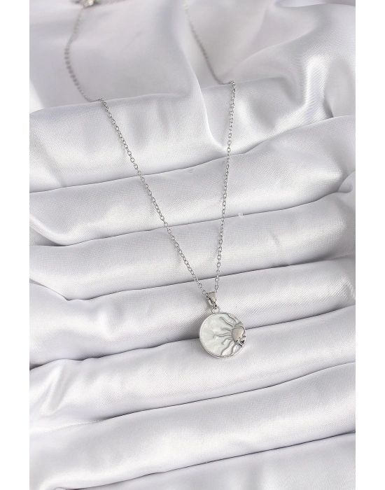 ® 316L Çelik Gümüş Renk Zincir Beyaz Sedefli Gün Batımı Model Kadın Kolye