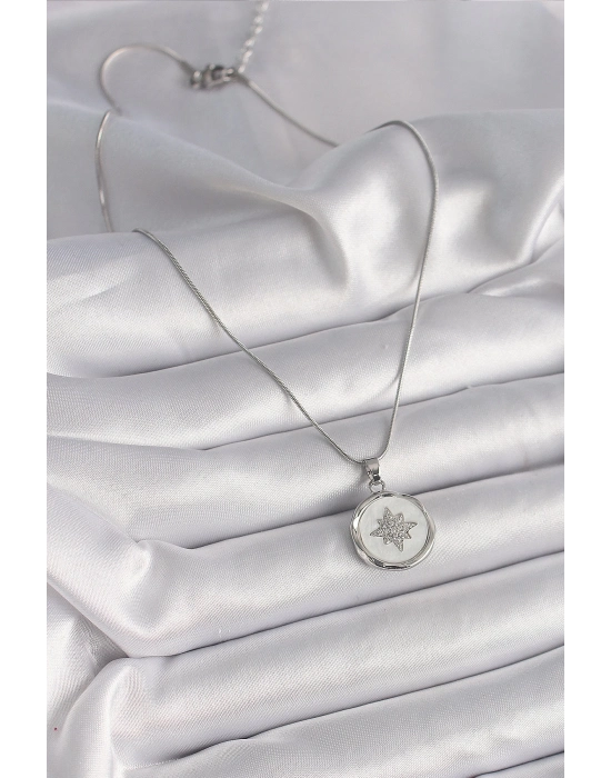 ® 316L Çelik Gümüş Renk Zincir Beyaz Sedefli Zirkon Taşlı Yıldız İşleme Model Kadın Kolye