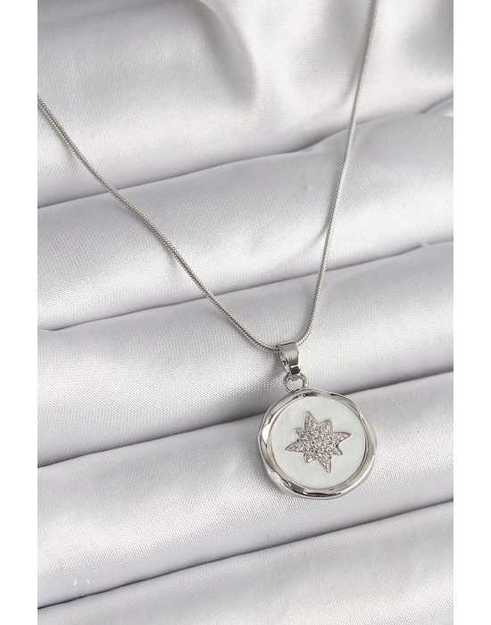 ® 316L Çelik Gümüş Renk Zincir Beyaz Sedefli Zirkon Taşlı Yıldız İşleme Model Kadın Kolye
