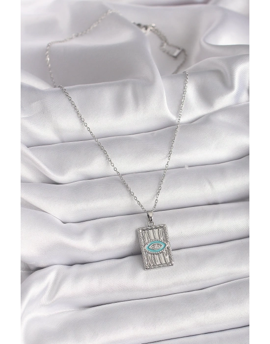 ® 316L Çelik Gümüş Renk Zincir Göz İşlemeli Madalyon Model Kadın Kolye