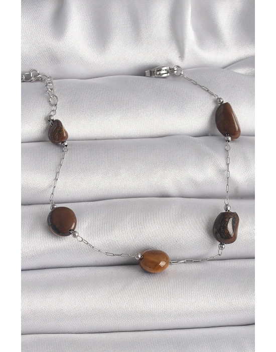 ® 316L Çelik Gümüş Renk Zincir Kahverengi Doğaltaş Model Kadın Bileklik