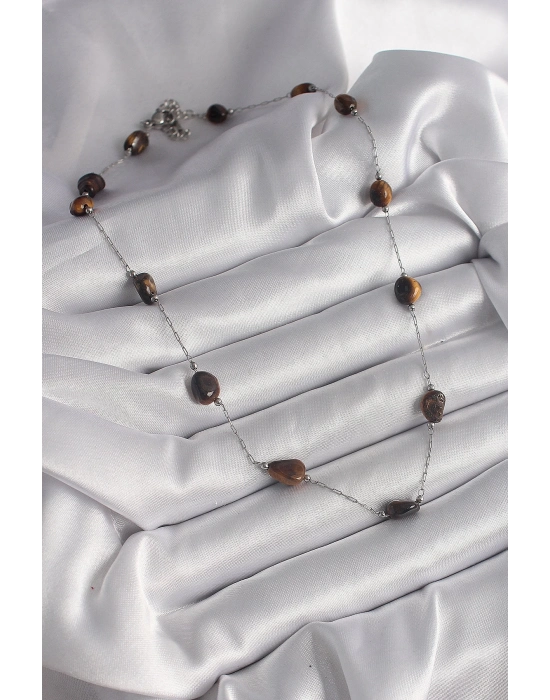 ® 316L Çelik Gümüş Renk Zincir Kahverengi Doğaltaş Model Kadın Kolye