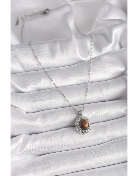 ® 316L Çelik Gümüş Renk Zincir Kehribar Boncuk Model Kadın Kolye