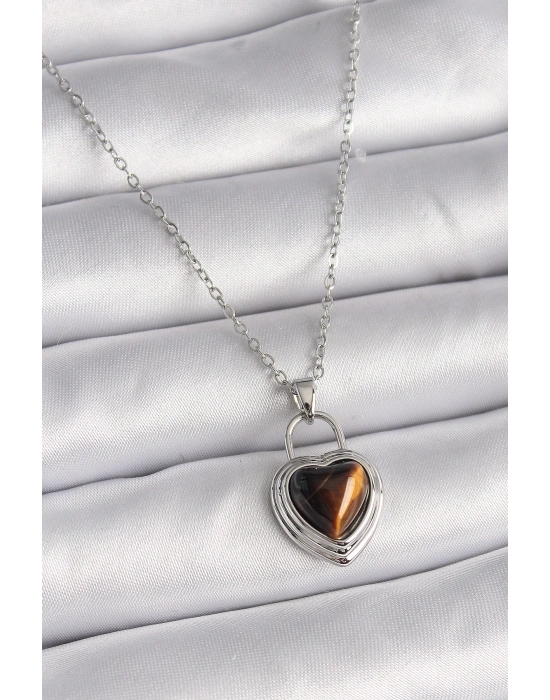 ® 316L Çelik Gümüş Renk Zincir Kilit Kalp Kehribar Boncuk Model Kadın Kolye