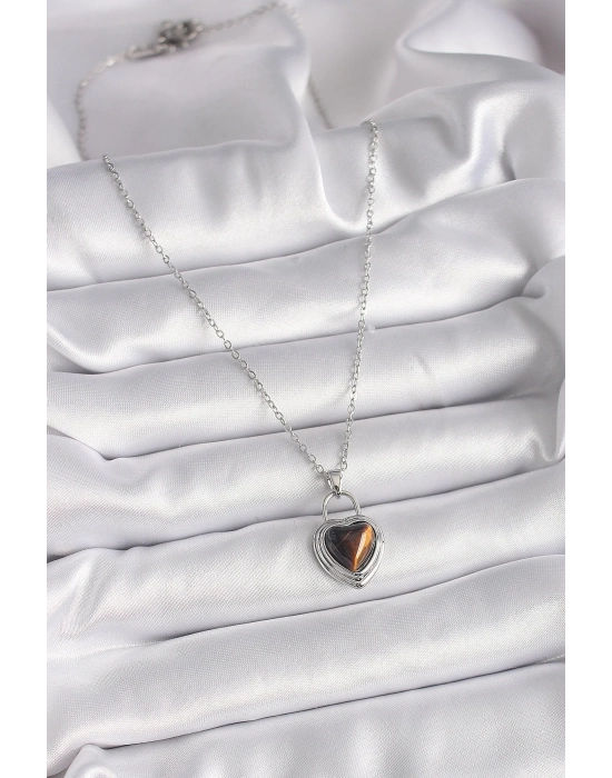 ® 316L Çelik Gümüş Renk Zincir Kilit Kalp Kehribar Boncuk Model Kadın Kolye