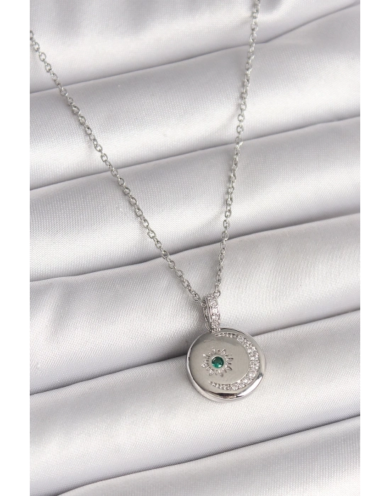 ® 316L Çelik Gümüş Renk Zincir Madalyon Zirkon Taşlı İşlemeli Hilal Yıldız Model Kadın Kolye
