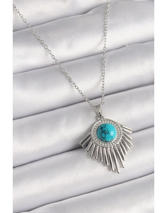 ® 316L Çelik Gümüş Renk Zincir Mavi Boncuklu Zirkon Taşlı Kadın Kolye