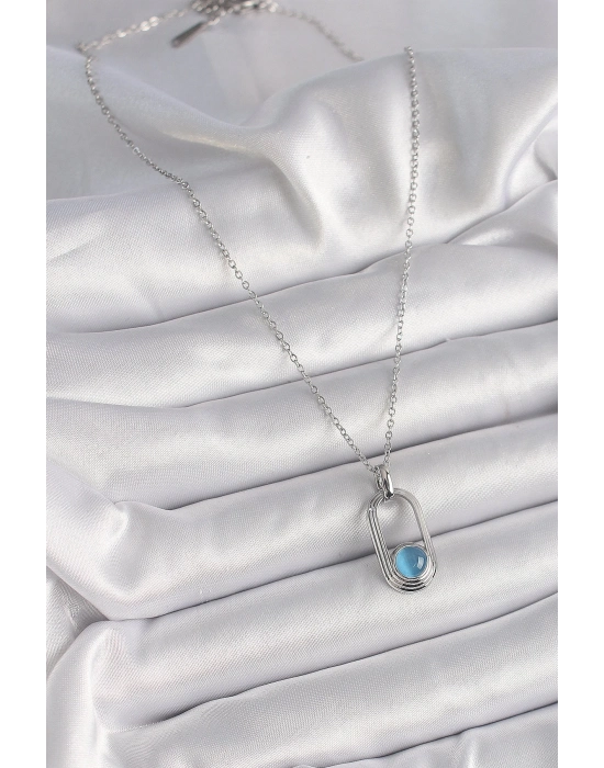 ® 316L Çelik Gümüş Renk Zincir Mavi Kedi Göz Model Kadın Kolye