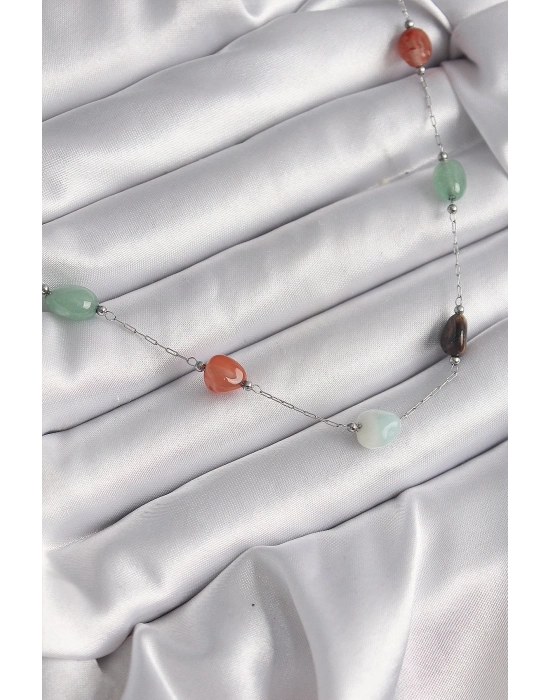 ® 316L Çelik Gümüş Renk Zincir Renkli Doğaltaş Model Kadın Kolye