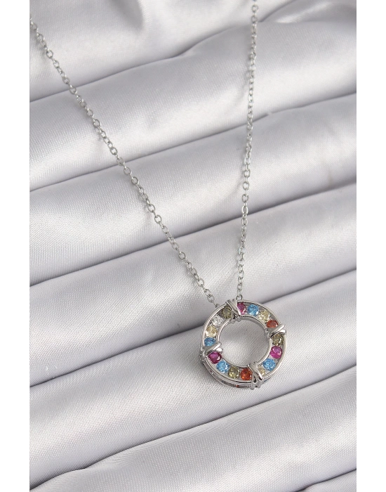 ® 316L Çelik Gümüş Renk Zincir Renkli Zirkon Taşlı Xoxo Model Kadın Kolye