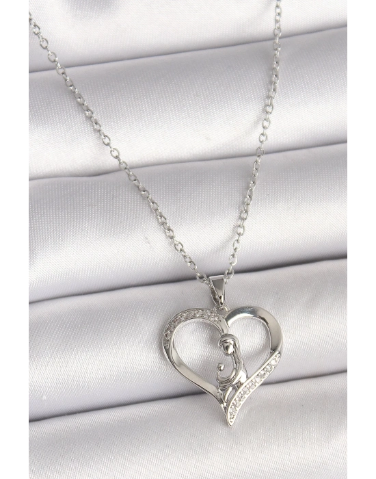® 316L Çelik Gümüş Renk Zincir Zirkon Taş Detaylı Kalp Model Kadın Kolye