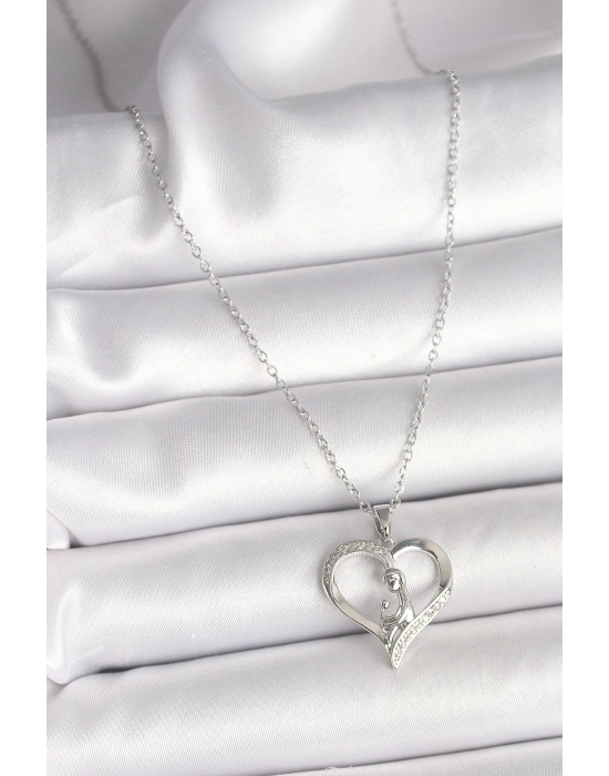 ® 316L Çelik Gümüş Renk Zincir Zirkon Taş Detaylı Kalp Model Kadın Kolye