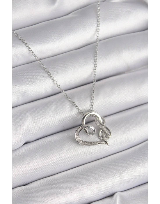 ® 316L Çelik Gümüş Renk Zincir Zirkon Taş Detaylı Kalp Model Sonsuzluk Detay Kadın Kolye