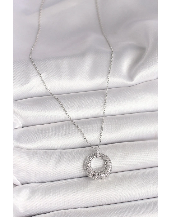 ® 316L Çelik Gümüş Renk Zincir Zirkon Taş İşlemeli Daire Model Kadın Kolye