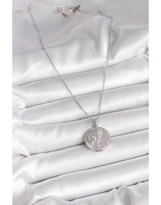 ® 316L Çelik Gümüş Renk Zincir Zirkon Taşlı Ay Güneş İşlemeli Madalyon Model Kadın Kolye