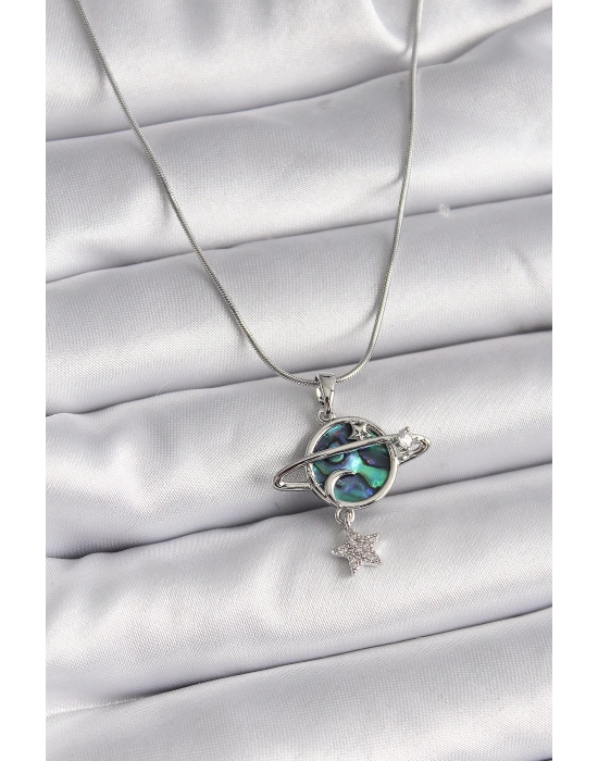 ® 316L Çelik Gümüş Renk Zincir Zirkon Taşlı Gezegen Model Kadın Kolye