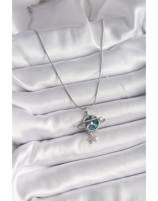 ® 316L Çelik Gümüş Renk Zincir Zirkon Taşlı Gezegen Model Kadın Kolye