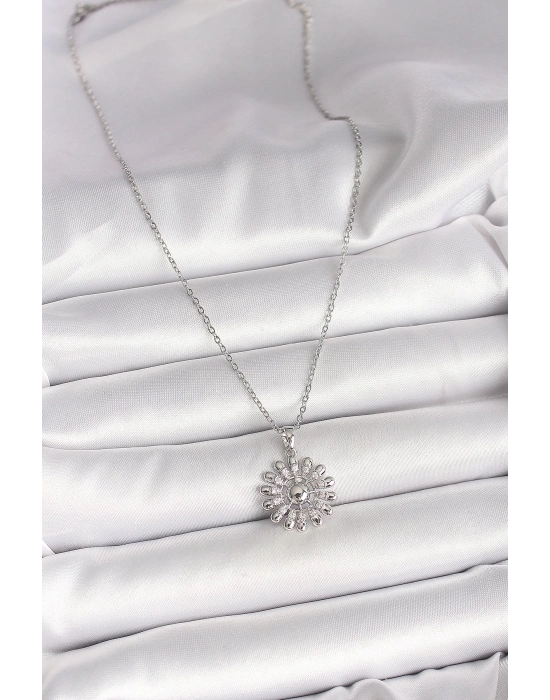 ® 316L Çelik Gümüş Renk Zincir Zirkon Taşlı Güneş Model Kadın Kolye