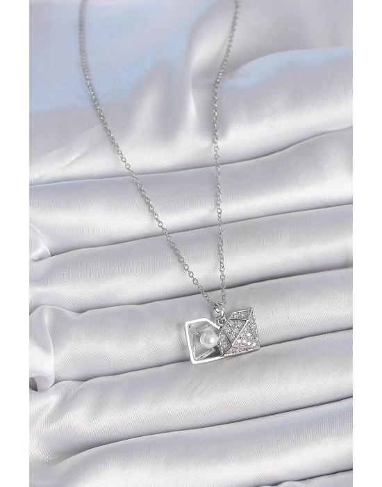 ® 316L Çelik Gümüş Renk Zincir Zirkon Taşlı İncili Açılır Elmas Model Kadın Kolye