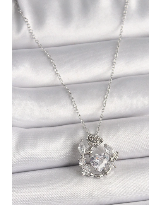 ® 316L Çelik Gümüş Renk Zincir Zirkon Taşlı Kalp Figür Gül Detay Kadın Kolye