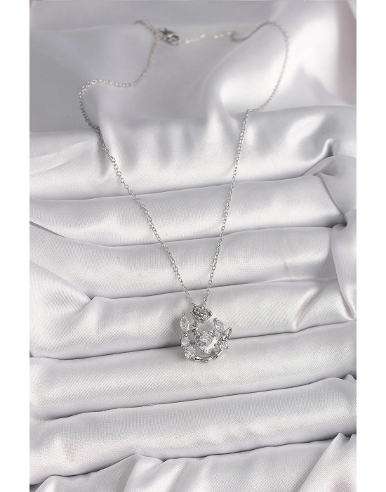 ® 316L Çelik Gümüş Renk Zincir Zirkon Taşlı Kalp Figür Gül Detay Kadın Kolye