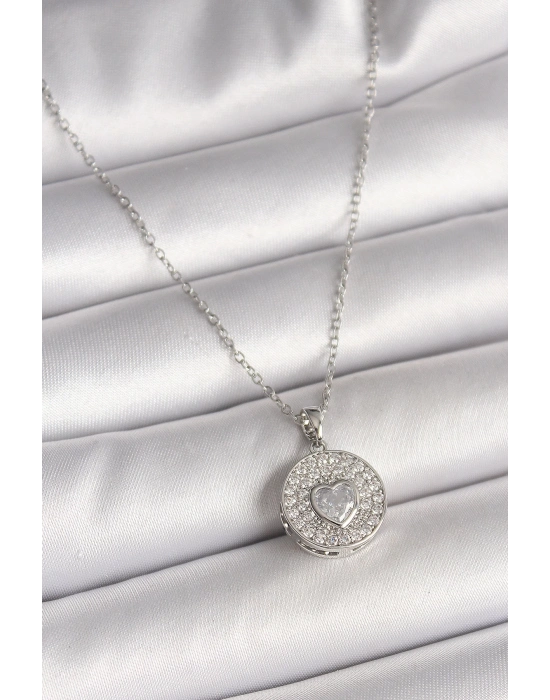 ® 316L Çelik Gümüş Renk Zincir Zirkon Taşlı Kalp İşlemeli Madalyon Model Kadın Kolye