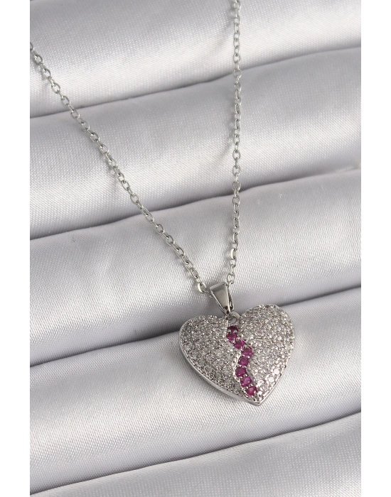 ® 316L Çelik Gümüş Renk Zincir Zirkon Taşlı Kalp Model Kadın Kolye