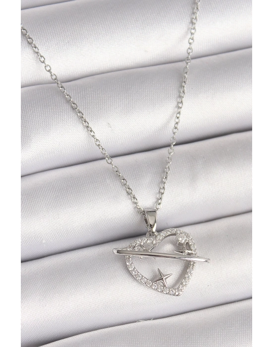 ® 316L Çelik Gümüş Renk Zincir Zirkon Taşlı Kalp Model Yıldız Detay Kadın Kolye