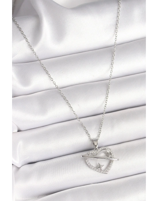 ® 316L Çelik Gümüş Renk Zincir Zirkon Taşlı Kalp Model Yıldız Detay Kadın Kolye