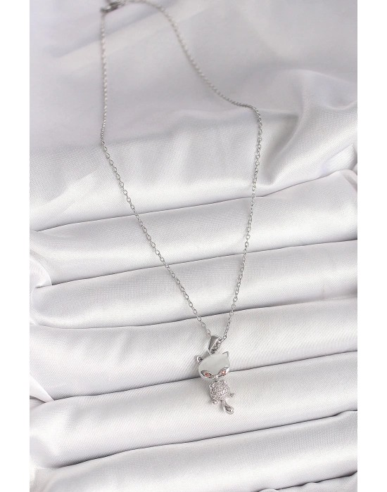 ® 316L Çelik Gümüş Renk Zincir Zirkon Taşlı Kedi Model Kadın Kolye