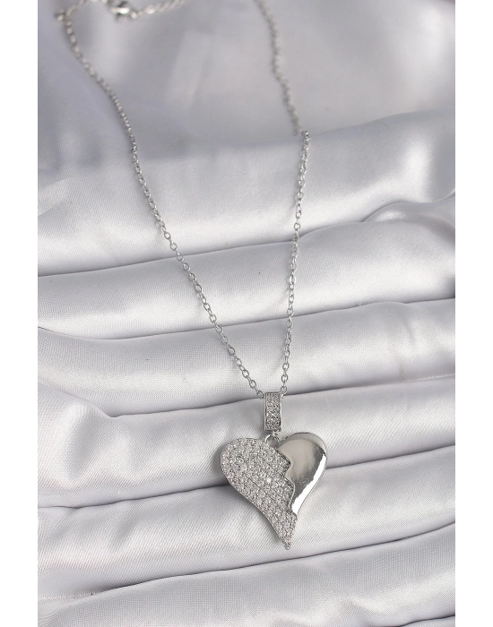 ® 316L Çelik Gümüş Renk Zincir Zirkon Taşlı Kırık Kalp Model Kadın Kolye