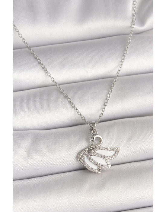 ® 316L Çelik Gümüş Renk Zincir Zirkon Taşlı Kuğu Model Kadın Kolye
