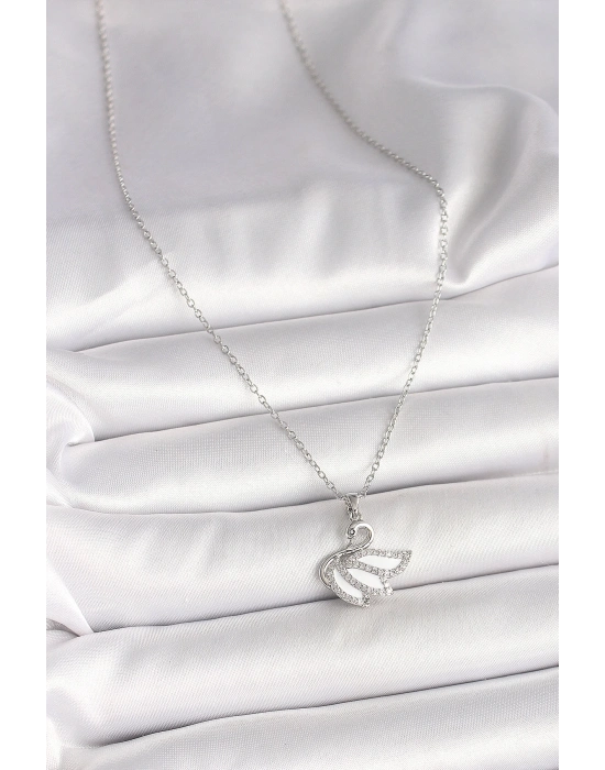 ® 316L Çelik Gümüş Renk Zincir Zirkon Taşlı Kuğu Model Kadın Kolye