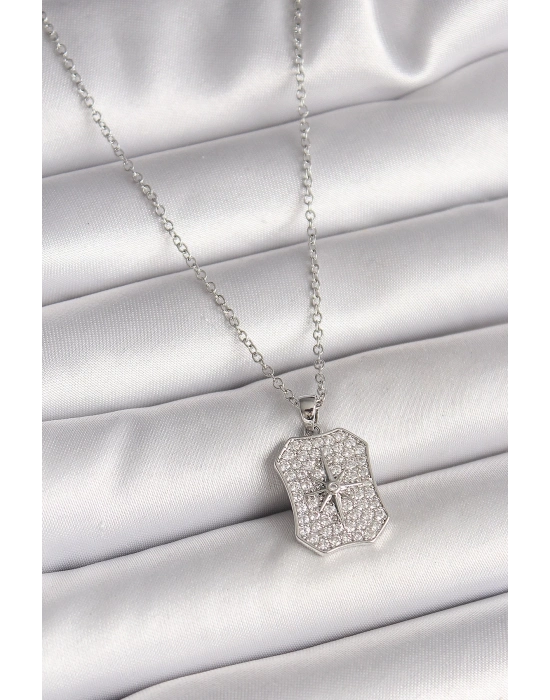 ® 316L Çelik Gümüş Renk Zincir Zirkon Taşlı Kutup Yıldız İşlemeli Madalyon Model Kadın Kolye