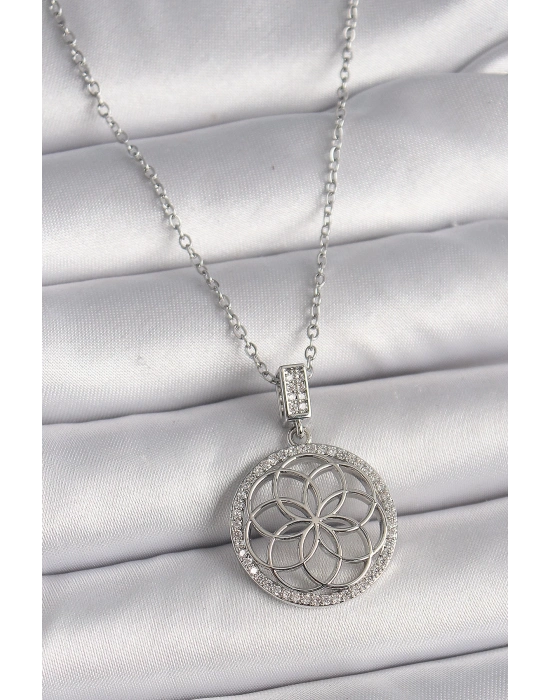 ® 316L Çelik Gümüş Renk Zincir Zirkon Taşlı Lotus Model Kadın Kolye