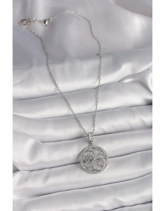 ® 316L Çelik Gümüş Renk Zincir Zirkon Taşlı Lotus Model Kadın Kolye