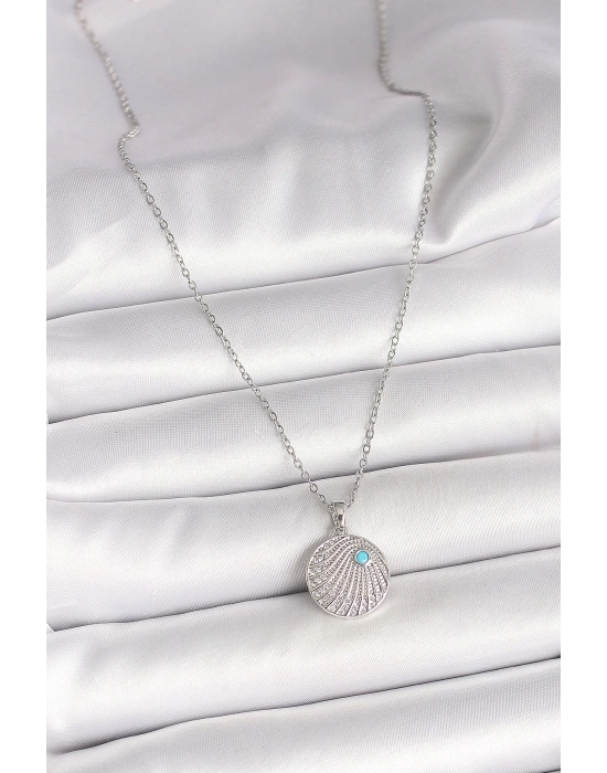 ® 316L Çelik Gümüş Renk Zincir Zirkon Taşlı Mavi Taş Detaylı Madalyon Model Kadın Kolye