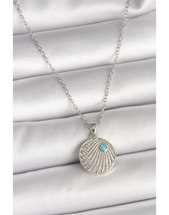 ® 316L Çelik Gümüş Renk Zincir Zirkon Taşlı Mavi Taş Detaylı Madalyon Model Kadın Kolye