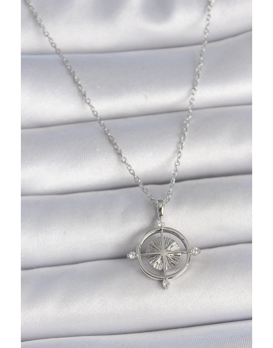 ® 316L Çelik Gümüş Renk Zincir Zirkon Taşlı Pusula Model Kadın Kolye