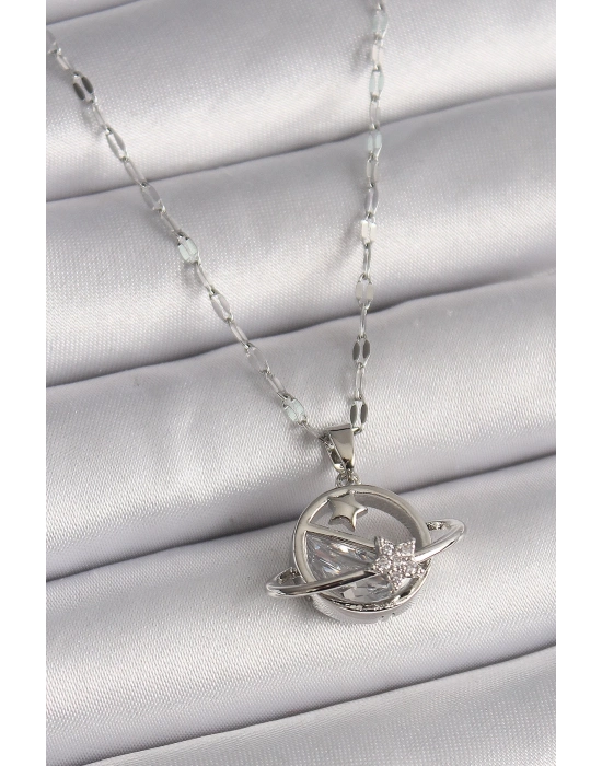 ® 316L Çelik Gümüş Renk Zincir Zirkon Taşlı Yıldız Detay Gezegen Model Kadın Kolye