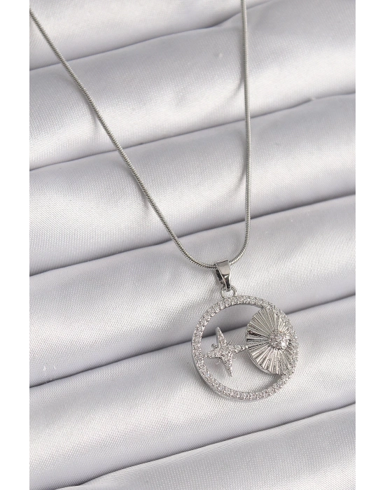® 316L Çelik Gümüş Renk Zincir Zirkon Taşlı Yıldız Madalyon Model Kadın Kolye
