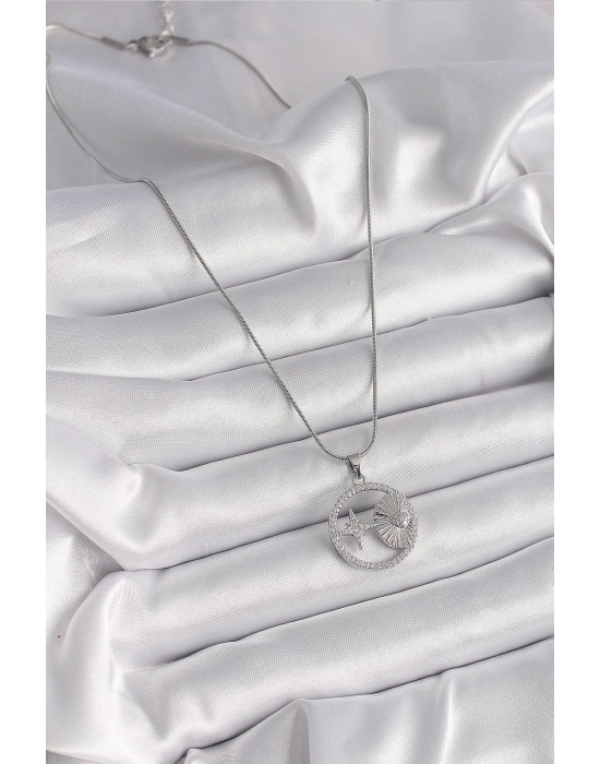 ® 316L Çelik Gümüş Renk Zincir Zirkon Taşlı Yıldız Madalyon Model Kadın Kolye